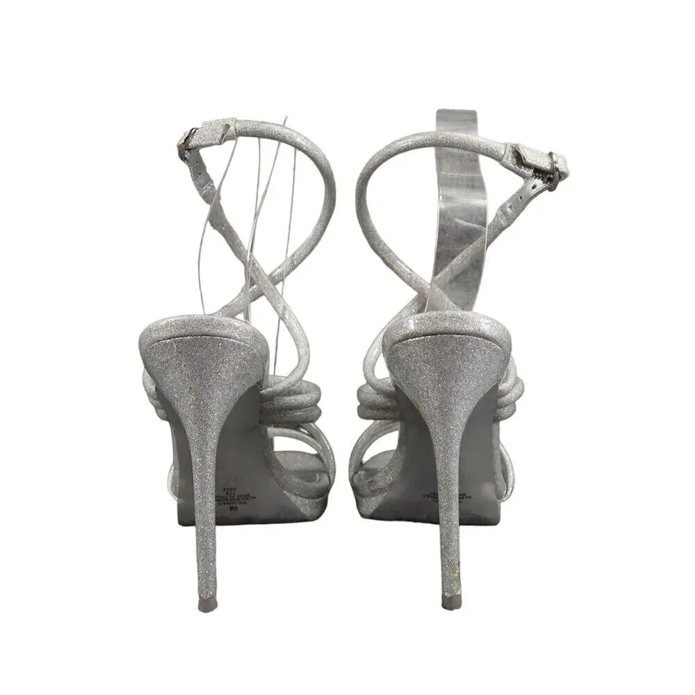 Nine West Shoes Womens 8 Heeled Sandal Ankle Strap Pumps Platform Silver Glitter
